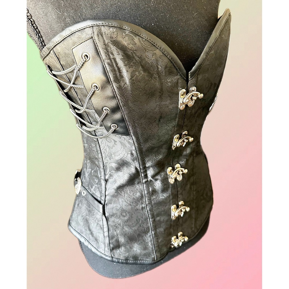 Black Steampunk Brocade Corset Top‎ with Chains and Swing Clasps Gothic Vest